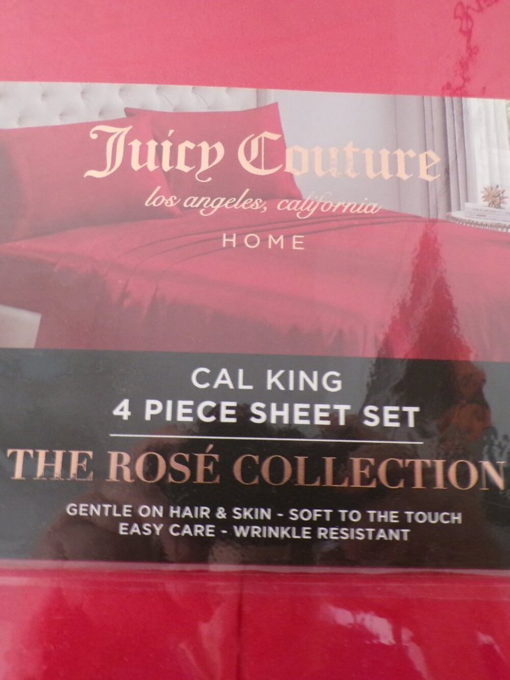 JUICY COUTURE CAL KING RED SATIN SHEET SET Rose Collection NEW